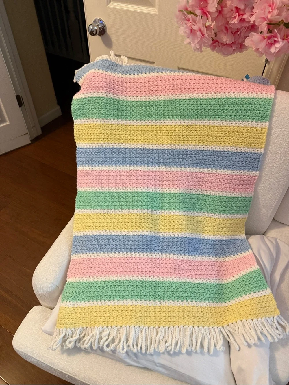 Handmade Cotton Crochet Afghan Lullaby Baby Blanket NWOT. Pastel Colors